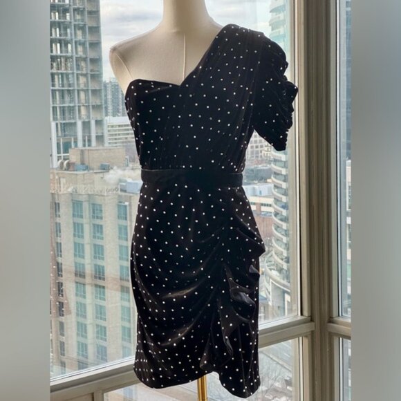 🆕 SELF-PORTRAIT 🧿 NWOT Velvet Diamante One Shoulder Mini Dress, Sz UK 12 US 8 - Picture 11 of 16